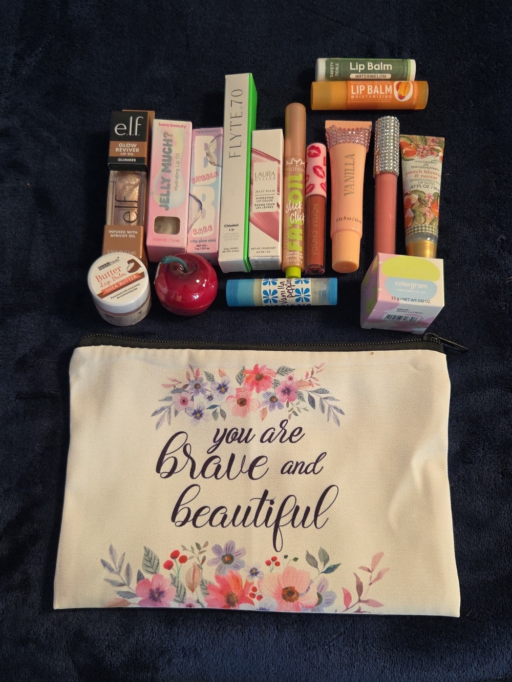 Floral 'You Are Brave and Beautiful' Canvas Makeup Bag lip care bundle